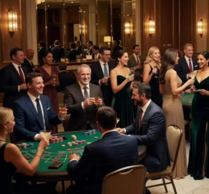 Firmowa impreza w klimacie casino z pracownikami bawiącymi się przy stołach do gry