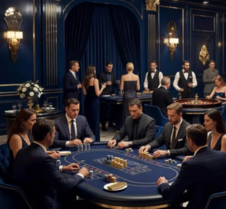 Luksusowa aranżacja eventu casino z pokerem, ruletką i blackjackiem