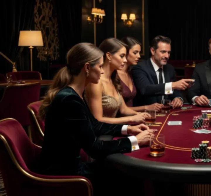 Goście biorą udział w ekskluzywnym wieczorze pokerowym w klubowej scenerii.