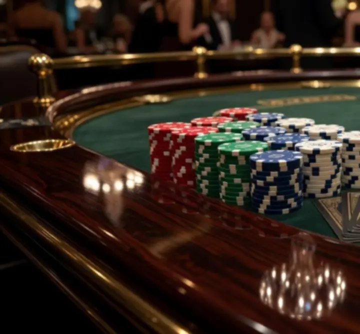 Zbliżenie na luksusowy stół pokerowy z żetonami i kartami.