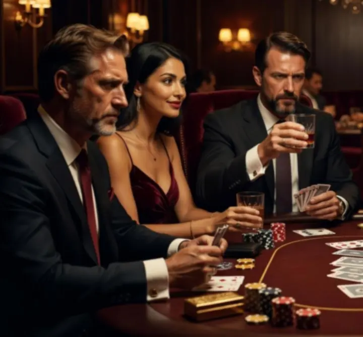 Uczestnicy wieczoru pokerowego bawią się przy stołach podczas eventu.